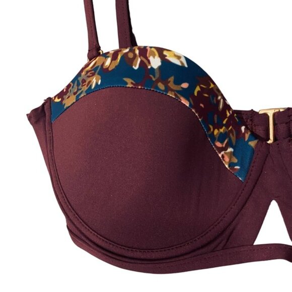 Tavik Swimwear Maroon Floral Trim Padded Beachy Bikini Top Women SZ L - Picture 4 of 11